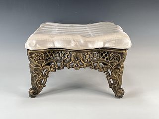 LOW BRASS FOOT STOOL WITH UPHOLSTERED TOP