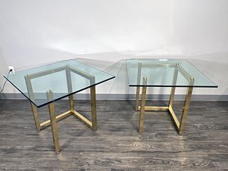 PAIR MODERN BRASS & GLASS END TABLES