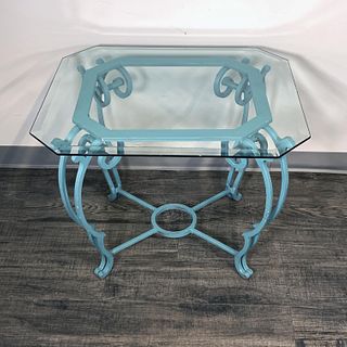 WROUGHT IRON PATIO TABLE WITH GLASS TOP