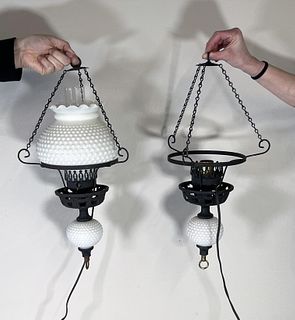PAIR WHITE HOBNAIL & CAST IRON PENDANT LAMPS