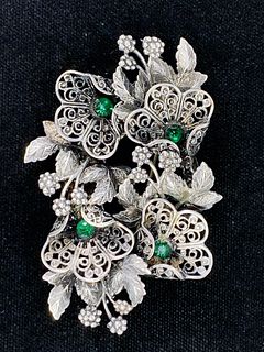 VINTAGE GREEN RHINESTONE AND SILVER FLORAL PIN