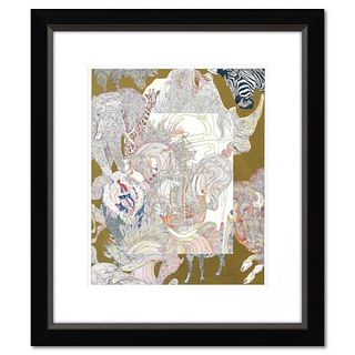Guillaume Azoulay, "Noah's" Framed Original Hand Colored Drawing with Hand Laid Gold Leaf, Hand Signed with Letter of Authenticity
