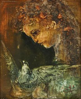 Hiroshi Kado (Japanese, 20th c.) "A Girl and Dove"