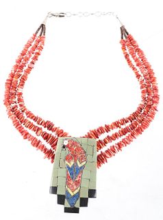 Santo Domingo Ray Rosetta Parrot Inlaid Necklace
