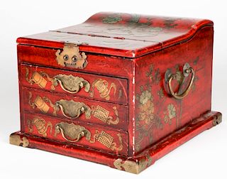 Antique Chinese Red Lacquer Jewelry Box