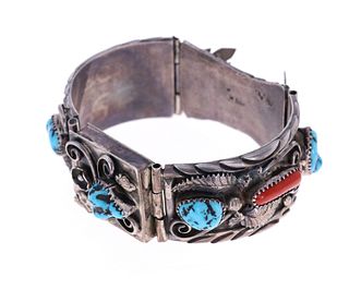1970's Navajo Sterling Turquoise & Coral Cuff