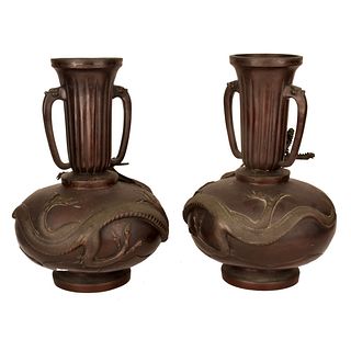 Pr Large Japanese Bronze Meiji Vases