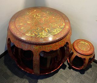 SET OF RED LACQUER CARVED DRAGON PATTERN TABLE