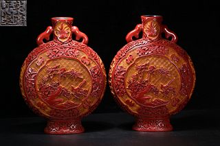 PAIR OF RED LACQUER MAGPIE PATTERN VASE