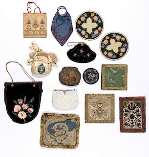 14 Antique Small Textile Bags and Misc. Items