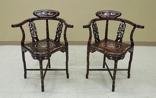Pair of Chinese Mother-of-Pearl Inlay Wood Corner Chairs.