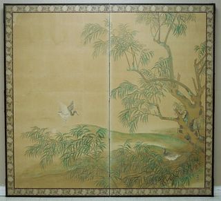 Japanese Byobu Two-Panel Screen, Tangai, Mid 19th C.