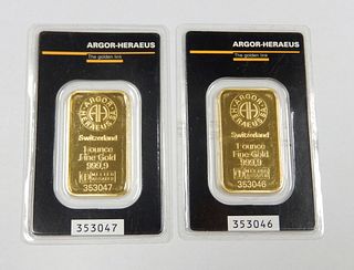 (2) Argor Heraeus 1 Troy Ounce Fine Gold Bars.