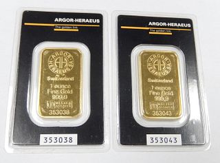 (2) Argor Heraeus 1 Troy Ounce Fine Gold Bars.