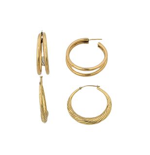 Two Pair Yellow Gold Modern Large Hoop Earrings
