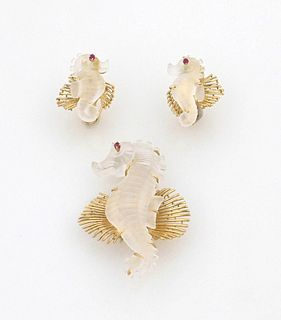14K Yellow Gold & Rock Crystal Seahorse Suite
