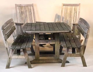 Group of Five Weathered Wood Outdoor Furniture