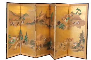Japanese Painted Paper Six Panel Screen