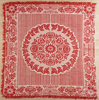 Red and white jacquard coverlet, 19th c., 80'' x 80''.