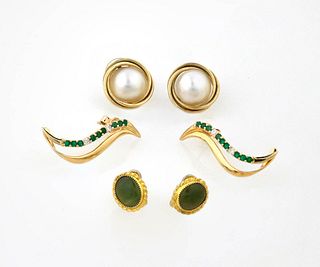 Pair 14K Yellow Gold Diamond Emerald Earrings