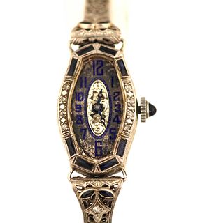 Vintage 14K White Gold Enamel Diamond Wristwatch