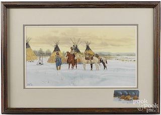 Ron Stewart (American 1941-), watercolor on paper of Native American Indians in camp, 10'' x 18''.