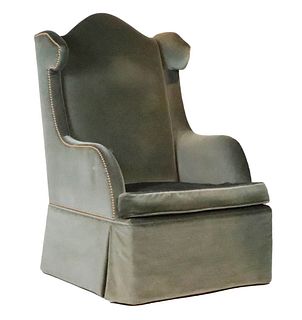 Contemporary Green-Velour Upholstered Wing Chair