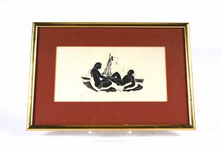 Konrad Cramer, Linocut on Paper, "Adam and Eve"