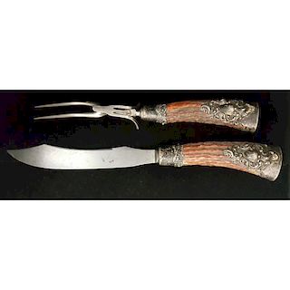 Meriden Cutlery Company Sterling and Stag Handle Carving Set