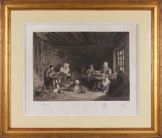 Print, Peasants Weaving in Interior Scene