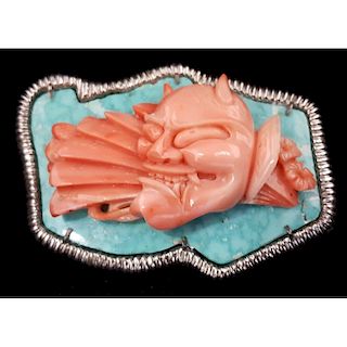 Coral and Turquoise Brooch/Pendant in Sterling Silver