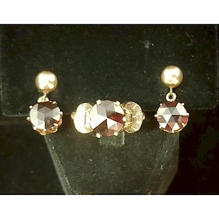 Vintage Garnet Ring and Earrings in 10 Karat Yellow Gold