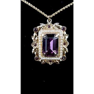 Coro Faux Pearl and Amethyst Pendant with a 14 Karat Gold Chain