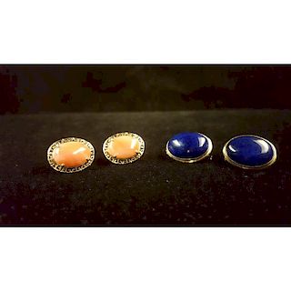 Lapis and Coral Earrings in 14 Karat Yellow Gold