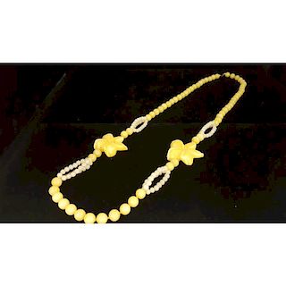 Yellow Jade Bead and Flower Necklace