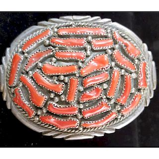 Sterling Silver and Red Coral Belt Buckle