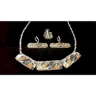 Figural Necklace, Earring and Pendant set in Gold and Silver