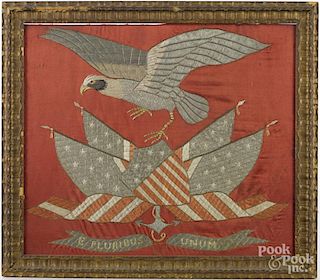 South Pacific patriotic embroidery, late 19th c., 16'' x 19''.