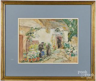 Alethea Platt (American 1861-1932), watercolor courtyard scene, signed lower right, 12'' x 16''.