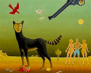 John Wilde, (American, 1919-2006), Two Red Birds, a Dagger and a Revolver, 1992