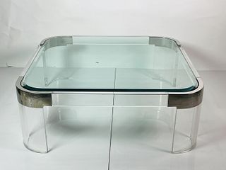 Charles Hollis Jones Waterfall Coffee Table in Lucite, Glass & Polished Nickel, Signed