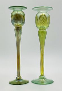 Pair of Iridescent/Pulled Feather Candle Holders by Correia Art Glass, Signed & Dated