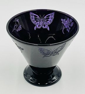 Correia Etched Cameo Glass Bowl With Etched Butterflies, Signed & Dated