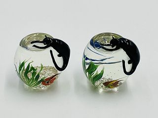 Pair of Paperweights by Correia Art Glass titled -Cat on a Fishbowl-