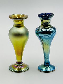 Pair of Iridescent Bud Vases by Correia Art Glass, Signed