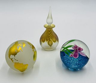 Set of 2 Studio Art Glass Paperweights & A Perfume Bottle by Correia Art Glass, Signed