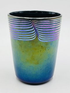 Iridescent Studio Art Glass Vase With Pulled Feather Design by Correai Glass, Signed