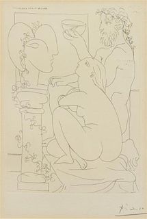 * Pablo Picasso, (Spanish, 1881-1973), Sculpteur avec coupe et modèle accroupi, 1933 (from Suite Vollard)