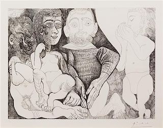 Pablo Picasso, (Spanish, 1881-1973), Vieil homme consupiscent et impuissant avec une prostituee espagnole sur les genoux, mar