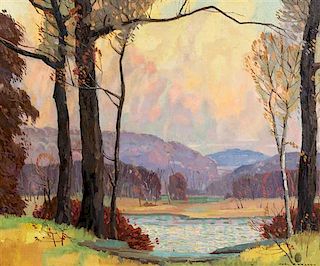 Carl Rudolph Krafft, (American, 1884-1938), Wooded Lake in Autumn